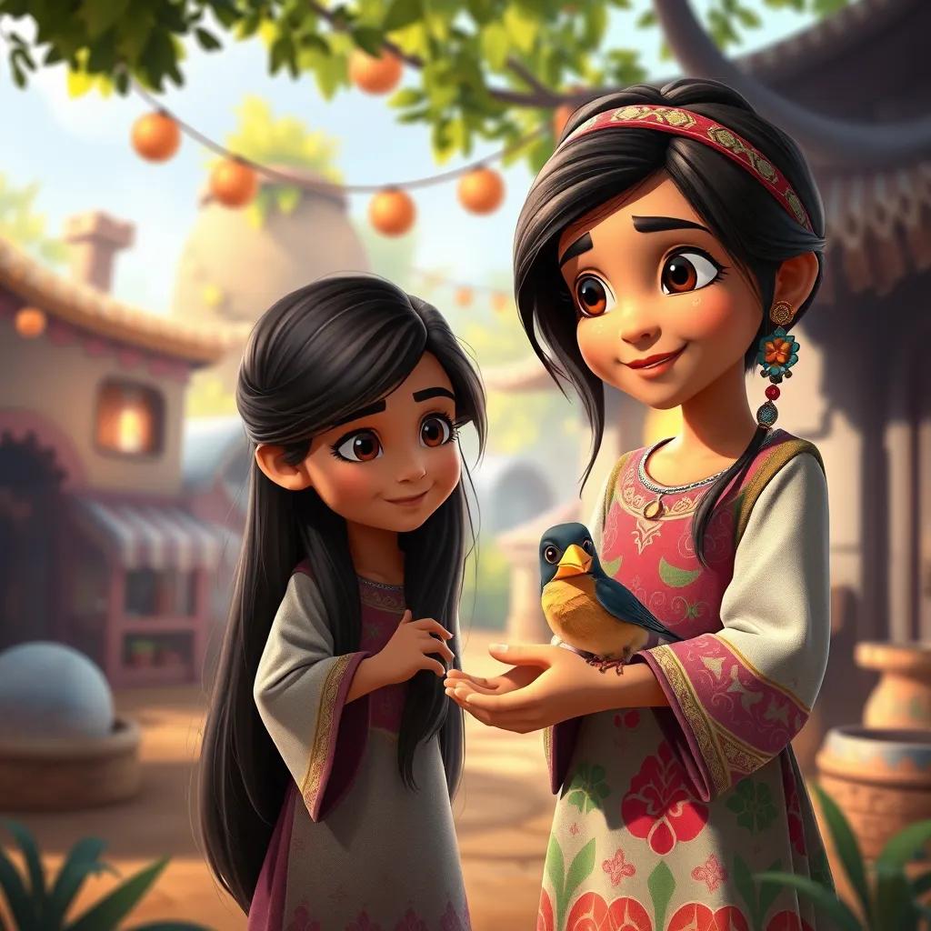 A young Arab girl, Eithar, with long, dark hair, wearing a colorful dress, helping a small injured bird in a cozy village, bright and inviting atmosphere, digital art, warm colors, friendly scene, high quality