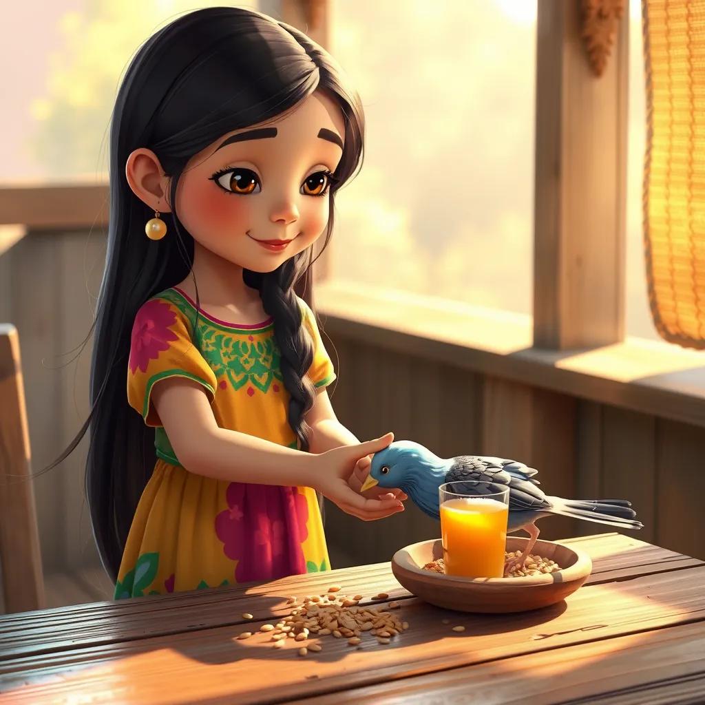 Eithar, a young Arab girl with long, dark hair in a colorful dress, gently tending to the injured bird with grains and juice on a wooden table, soft sunlight, warm light, child-friendly illustration, vibrant atmosphere, high quality