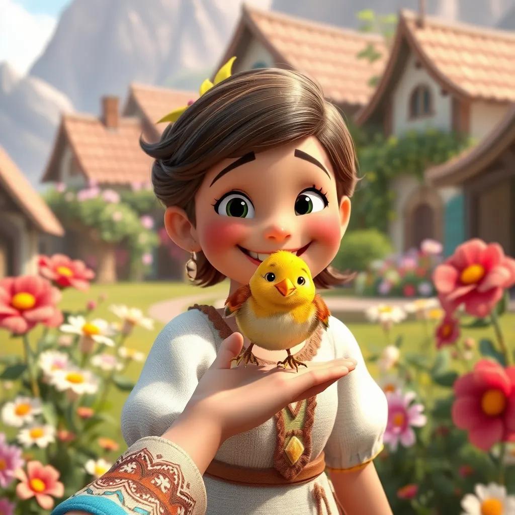 A cheerful small bird with bright feathers, sitting on Eithar's hand, while she smiles joyfully, surrounded by blooming flowers in the village, colorful, heartwarming, cheerful, high quality