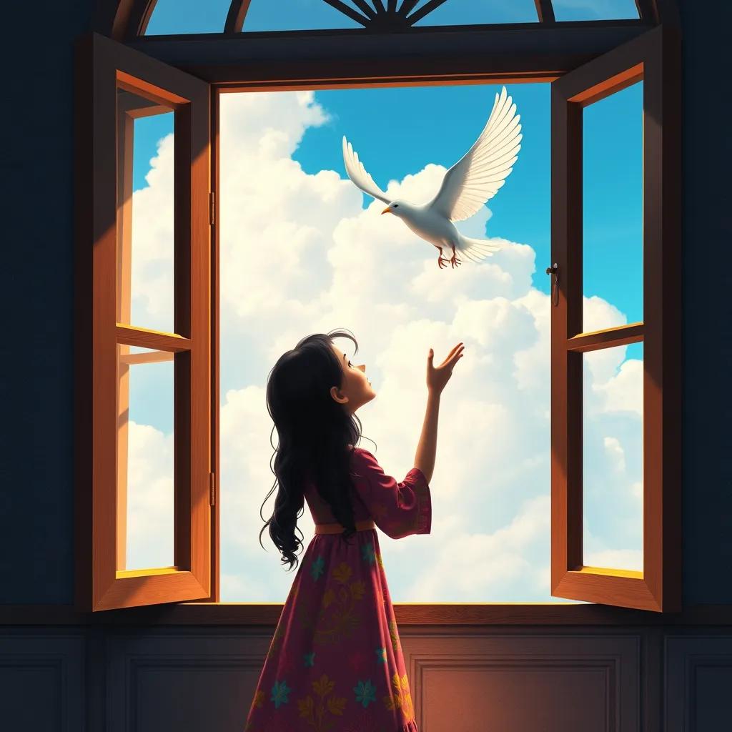 Eithar, a young Arab girl with long, dark hair in a colorful dress, letting the healed bird fly away, standing at an open window, with a beautiful blue sky and fluffy clouds, emotional scene, uplifting, high quality
