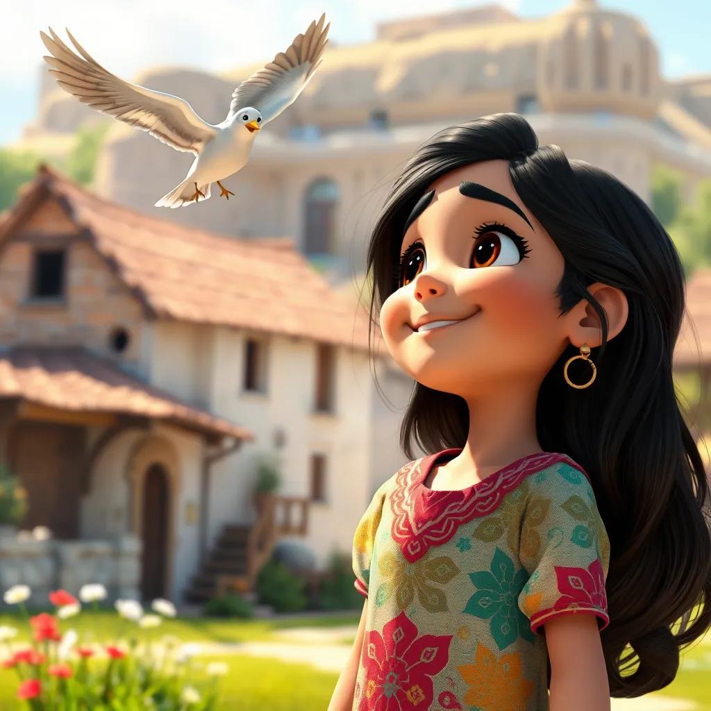 Eithar, a young Arab girl with long, dark hair in a colorful dress, looking up at the bird flying in the sky, with a happy expression, in a picturesque village setting, bright daylight, joyful atmosphere, high quality