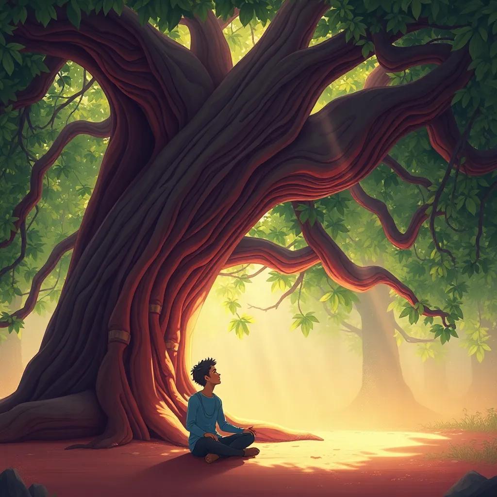 A majestic tree with a thick trunk and lush green leaves, its bark showing ancient patterns, speaking in a deep voice to Ali, who is sitting cross-legged on the ground, surrounded by sunlight filtering through the leaves, magical ambiance, illustration, warm colors, enchanting