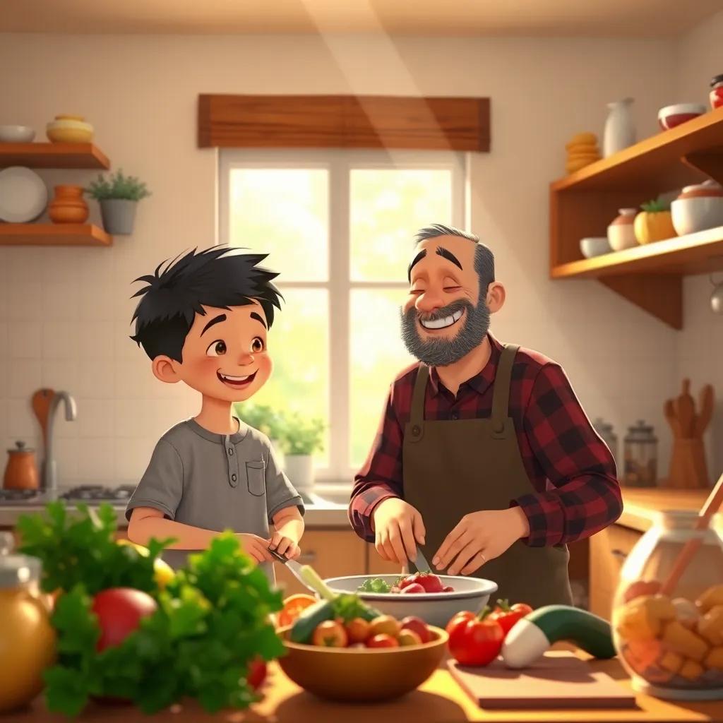 Inside a cozy kitchen, زيد is helping his father with a warm smile, the father has a joyful expression, surrounded by fresh ingredients. Light streams in through the window, creating a warm family atmosphere, warm colors, inviting ambiance, storytelling perspective, detailed
