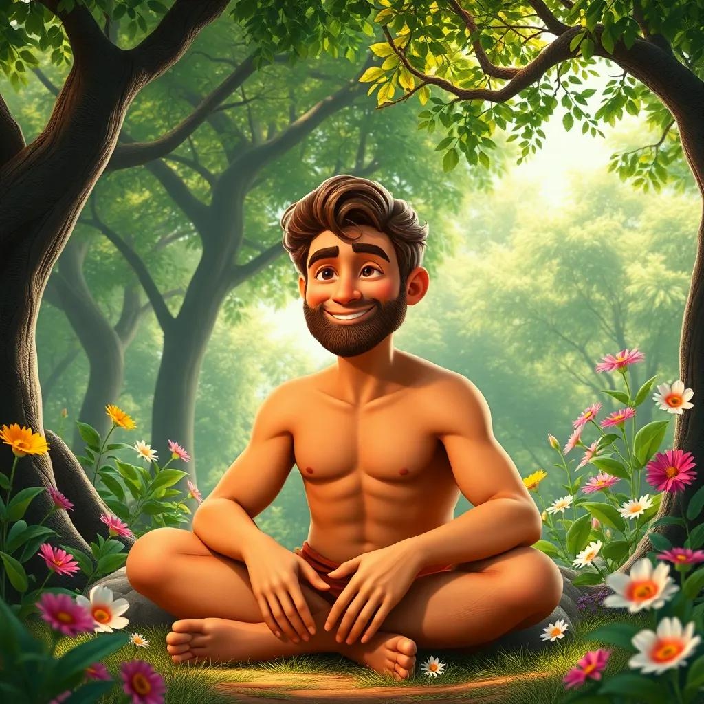 A depiction of Adam, a man made from clay, with a gentle smile, sitting in the Garden of Eden surrounded by lush trees and beautiful flowers, vibrant digital art, bright colors, peaceful atmosphere, high quality
