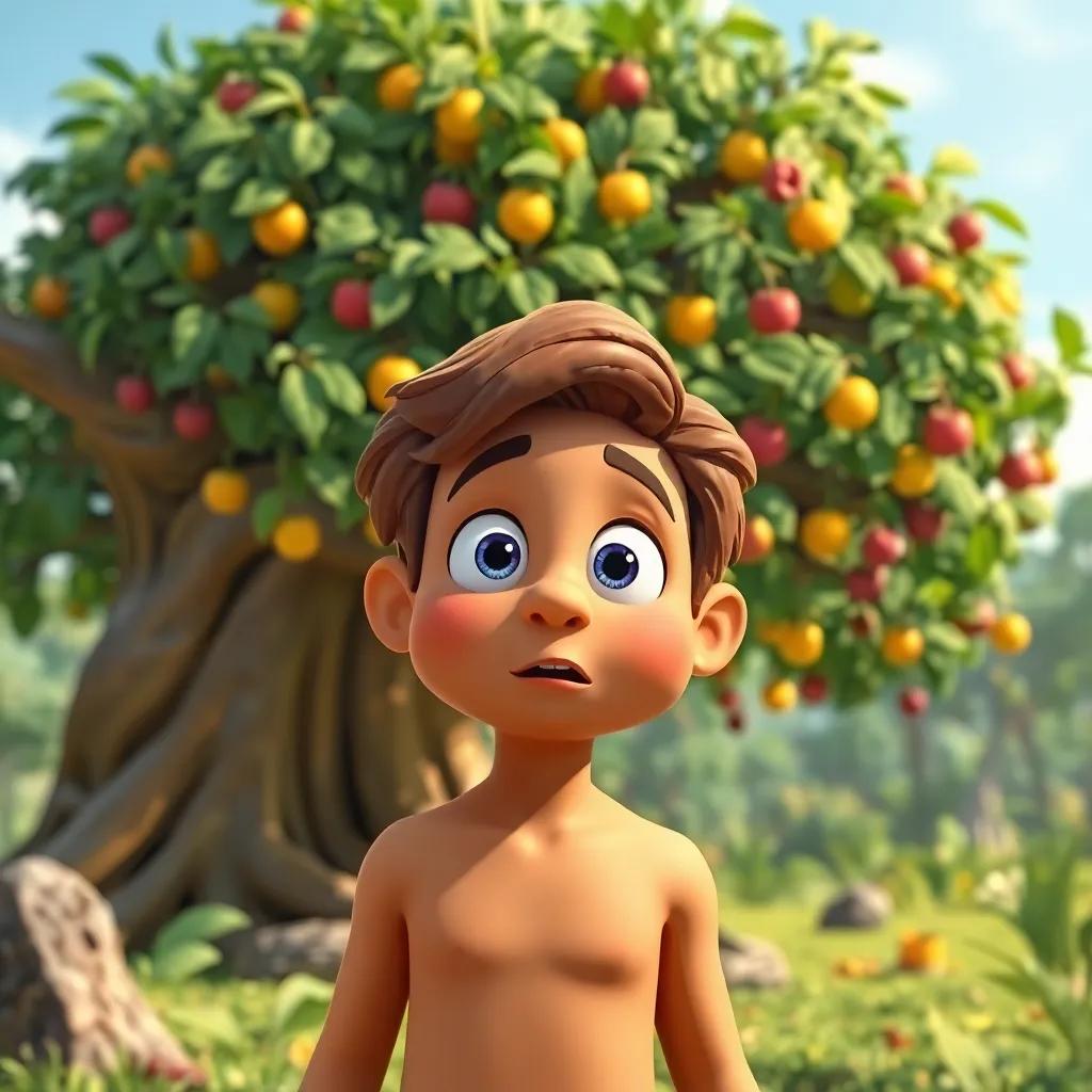 Adam, a man made from clay, looking surprised with wide eyes in the Garden of Eden, with a large forbidden tree in the background, colorful fruits hanging from it, child-friendly illustration, vivid colors, whimsical feel, high quality