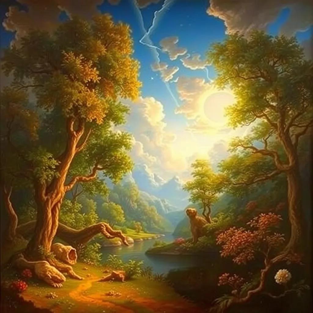 A serene landscape showing the creation of Adam, with gentle light illuminating a lush paradise, vibrant colors, calm atmosphere, harmonious scene