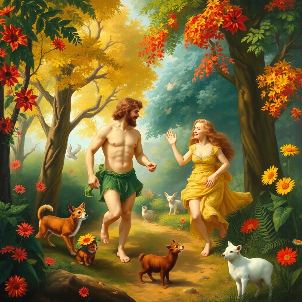 Adam and Eve joyfully exploring the garden, surrounded by colorful trees and playful animals, bright warm light, cheerful environment, lively interaction