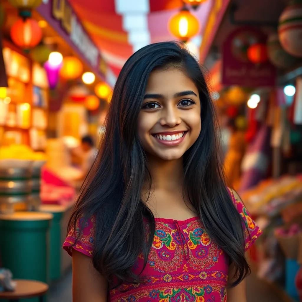 A cheerful 15-year-old Tunisian girl, Aya, with long dark hair, wearing a colorful dress, standing in a vibrant Tunisian market surrounded by bright stalls, digital art, lively colors, warm atmosphere, joyful expression