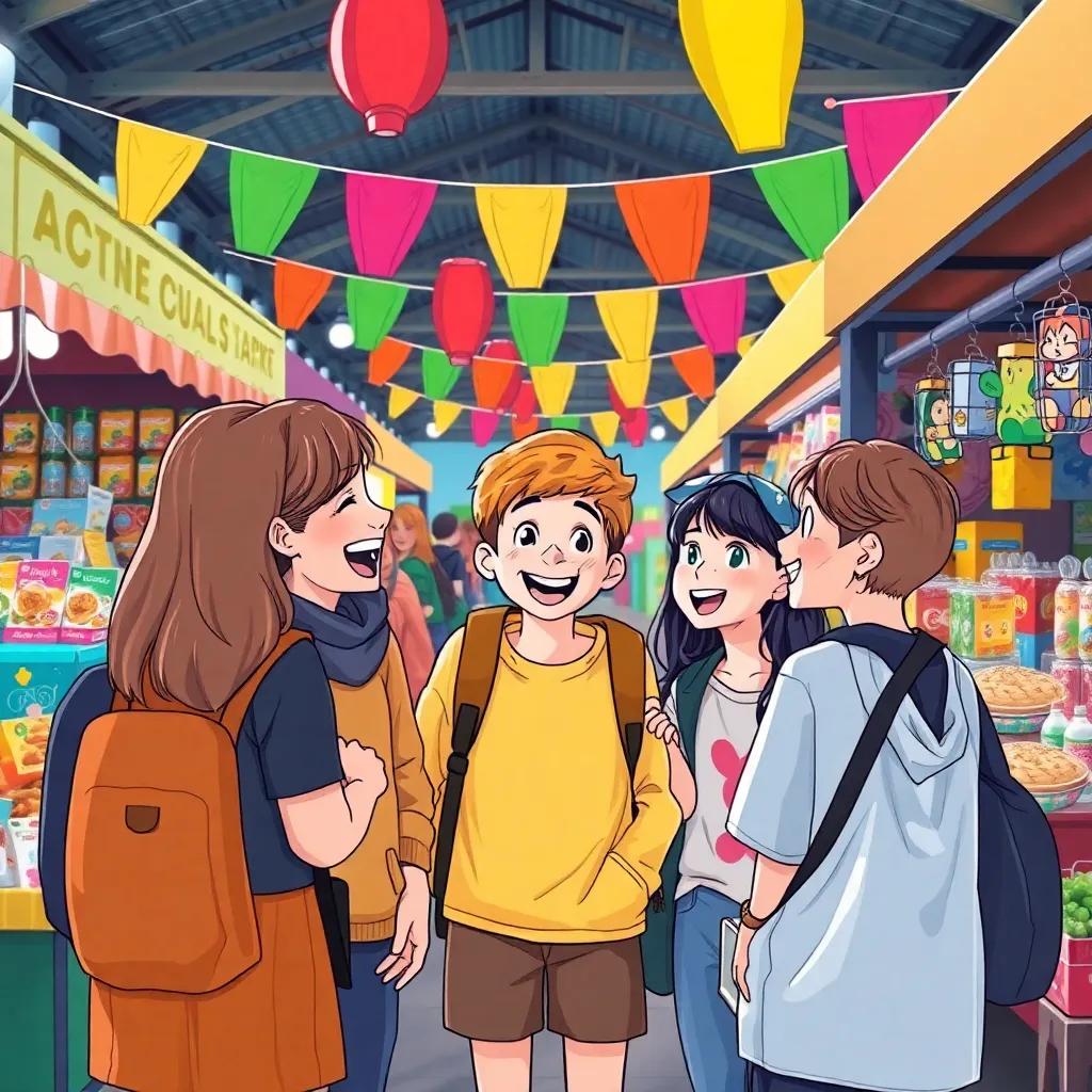 A group of friends enjoying time at a market, talking and laughing, with colorful banners and stalls filled with toys and food, illustration, cheerful, engaging scene, child-friendly