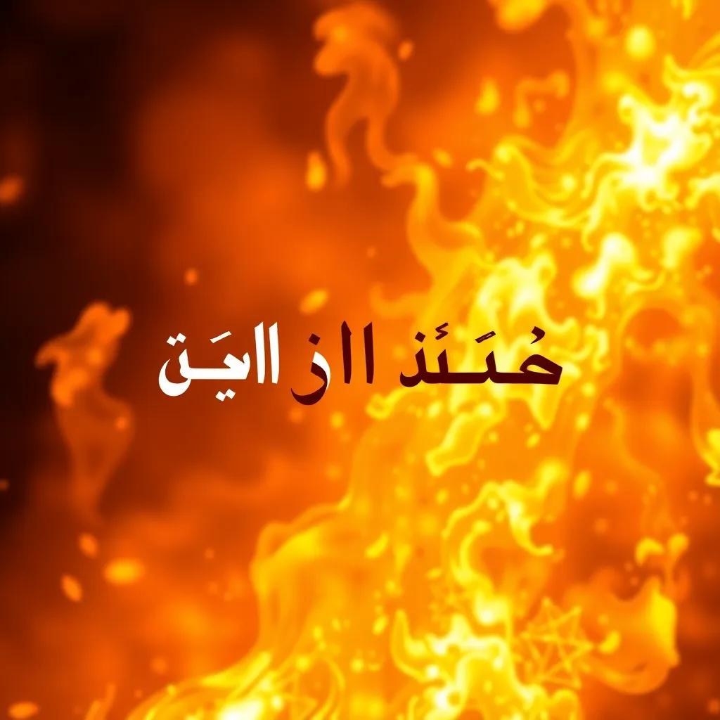 A fiery symbolic background with Arabic text saying (تبت يدا أبي لهب وتب), depicting a sense of warning, warm colors, impactful imagery, high quality