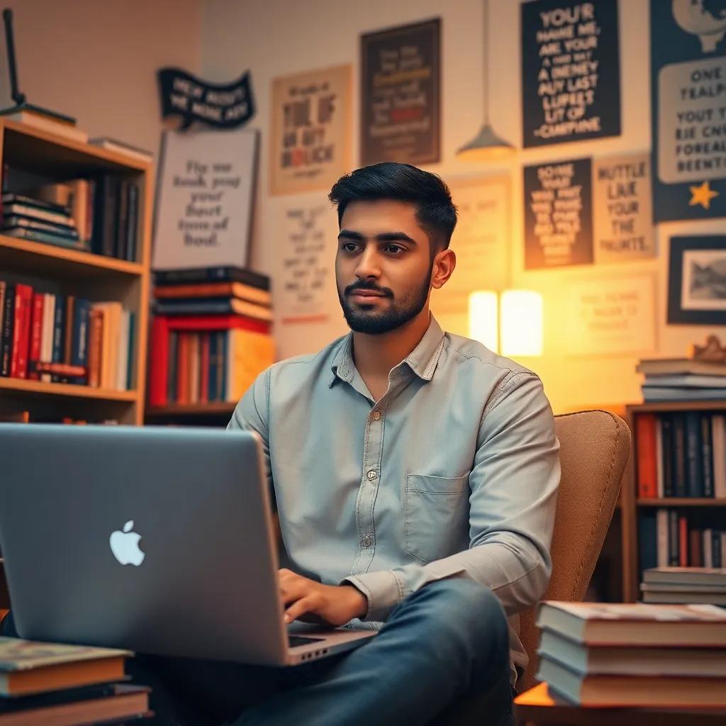 A determined young Arab man, Ahmed, with short black hair, wearing a simple shirt and jeans, working on a laptop in a cozy room filled with books and inspirational quotes, warm light, positive atmosphere, engaging perspective, high quality
