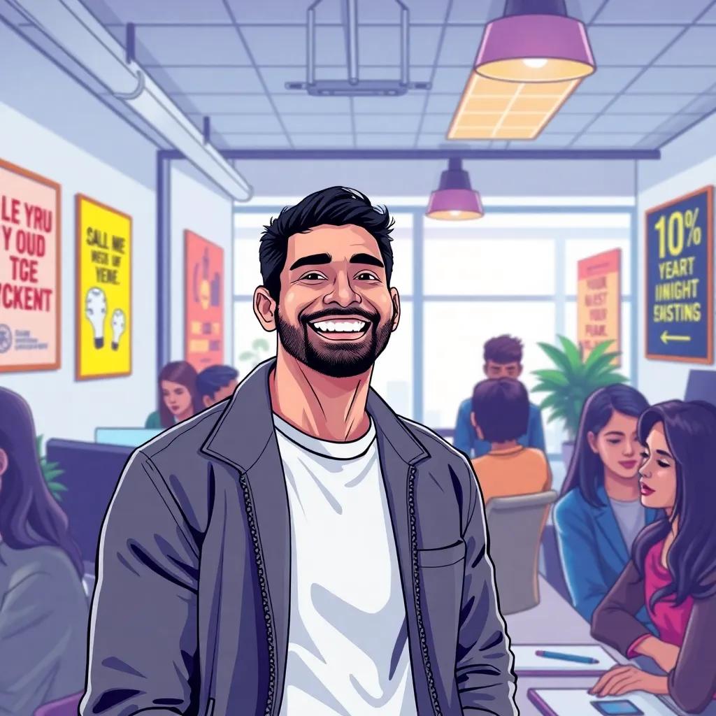 A successful young Arab man, Ahmed, smiling widely while helping a group of people in a bright office space, wearing a smart casual outfit, surrounded by motivational posters, colorful, uplifting, detailed illustration, heartwarming vibe