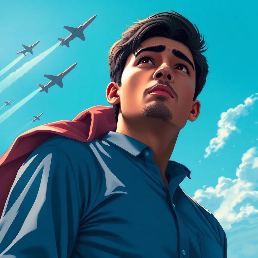 Ahmad, a young Arab man, wearing a blue shirt, looking up as warplanes fly across a blue sky, with a worried expression on his face, powerful and emotional scene, illustration, realistic, dramatic lighting, high quality