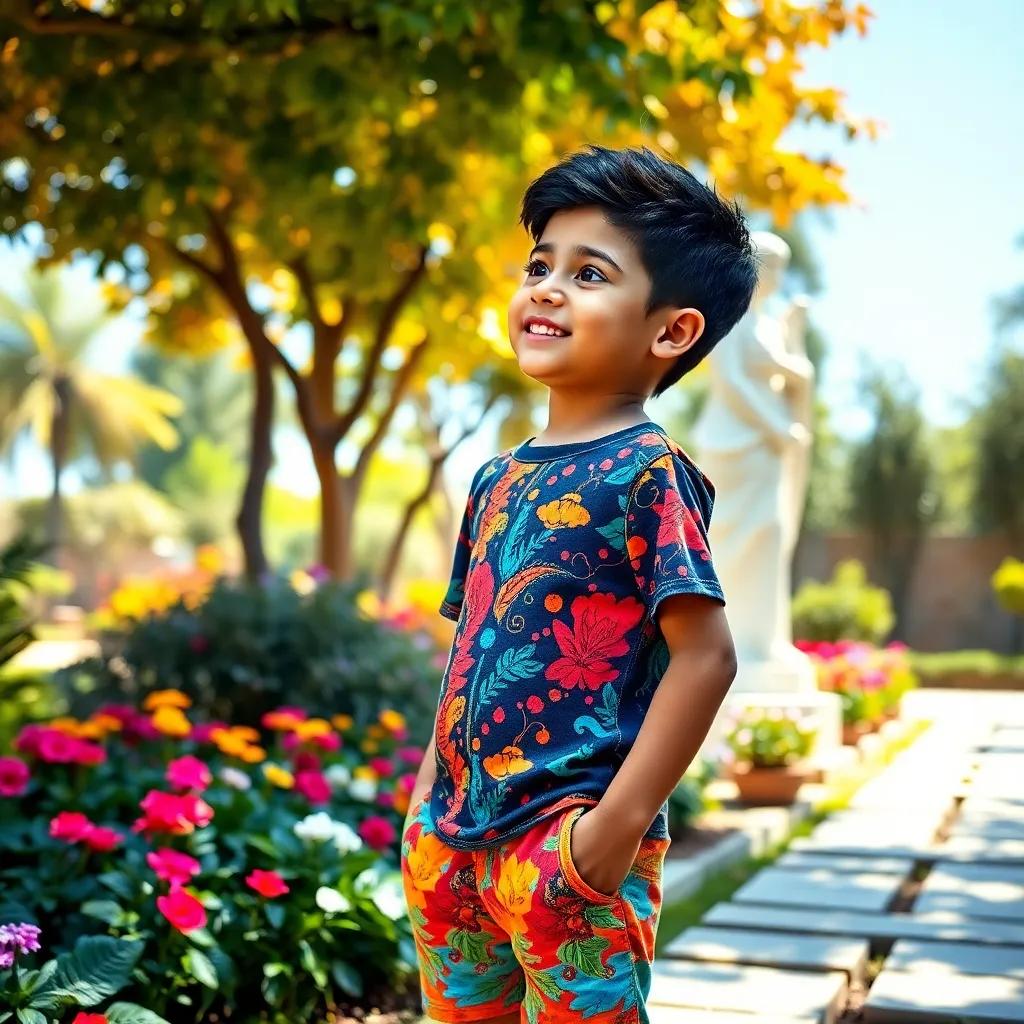 A young Arab boy, Ahmad, with short black hair, wearing a colorful t-shirt and shorts, standing in a garden with trees and flowers, looking around with curiosity, cheerful atmosphere, bright colors, sunny day, digital art, joyful and inviting, high quality