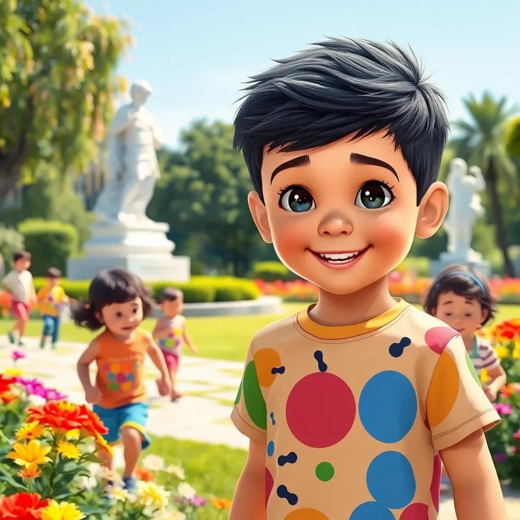 A young Arab boy, Ahmad, with short black hair, wearing a colorful t-shirt and shorts, playing with other children in a park, surrounded by colorful flowers and bright sunlight, illustration, lively, cheerful, child-friendly
