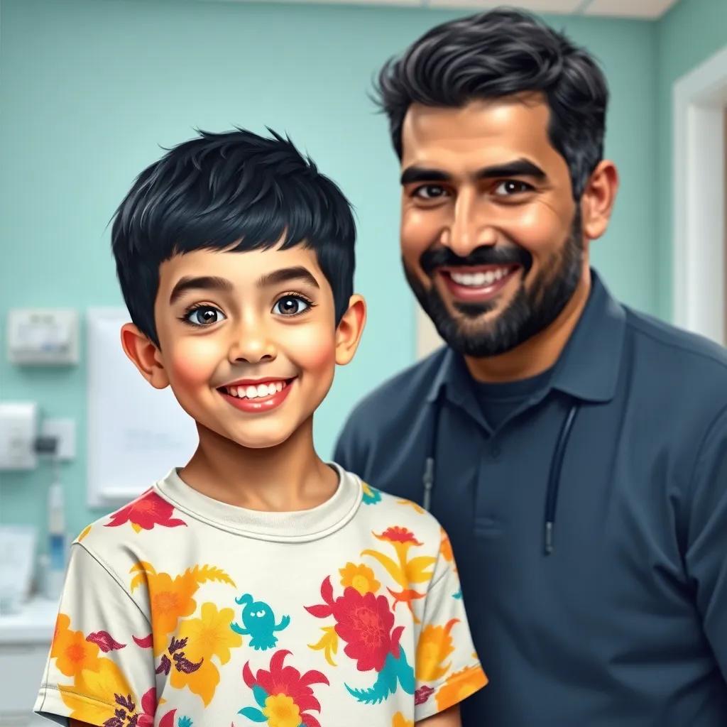 A young Arab boy, Ahmed, with short black hair and bright eyes, looking excited in a doctor's office, wearing a colorful t-shirt, with his father standing beside him, cheerful atmosphere, digital art, vibrant colors, inviting, high quality
