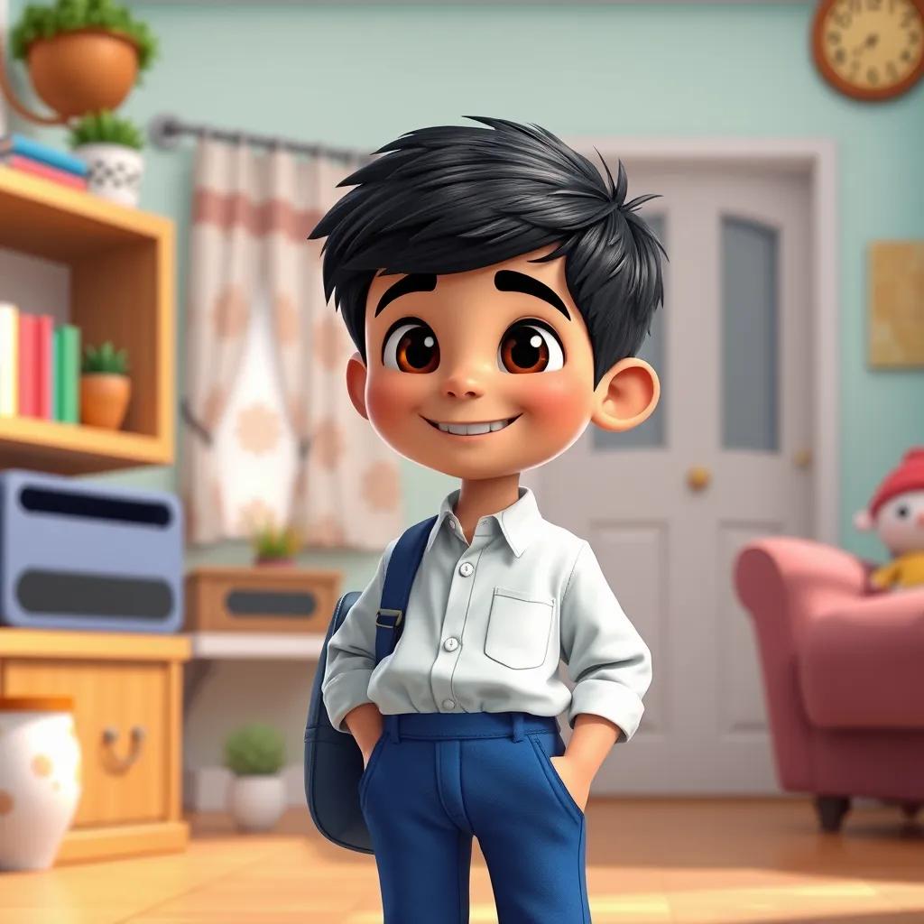 A young Arab boy, Ahmed, with short black hair, wearing a new shirt and blue pants, smiling happily at home, ready for school, vibrant colors, cheerful atmosphere, digital art