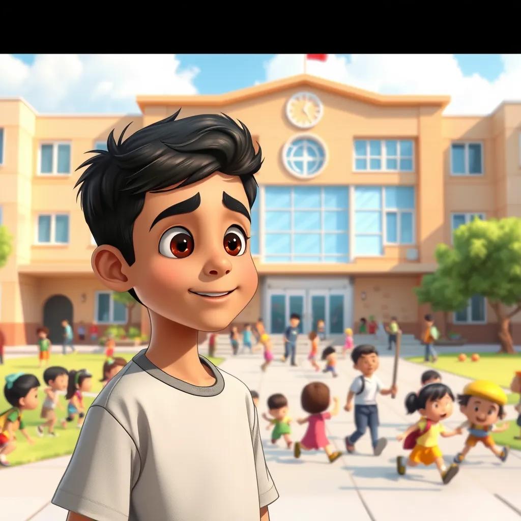 A young Arab boy, Ahmed, with short black hair, standing in front of a large school building filled with children playing, bright day, playful and lively scene, illustration, child-friendly