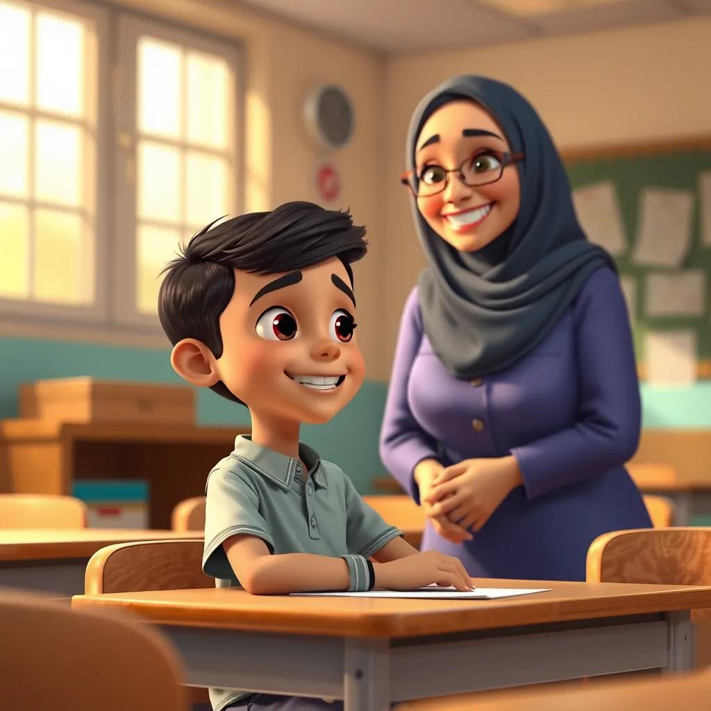 A young Arab boy, Ahmed, with short black hair, sitting at a desk in a classroom, looking at a friendly teacher, Mrs. Fatima, who is smiling, warm light, inviting classroom, detailed art