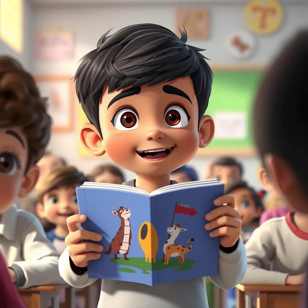 A young Arab boy, Ahmed, with short black hair, holding a book with animals on it, looking excited in the classroom surrounded by classmates, colorful and lively atmosphere, digital painting