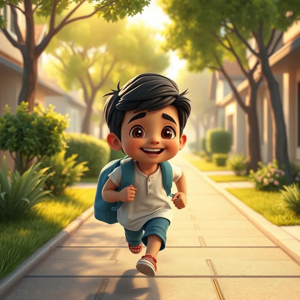 A young Arab boy, Ahmed, with short black hair, running home after school, smiling with joy, modern neighborhood with trees and houses, warm afternoon light, heartwarming scene