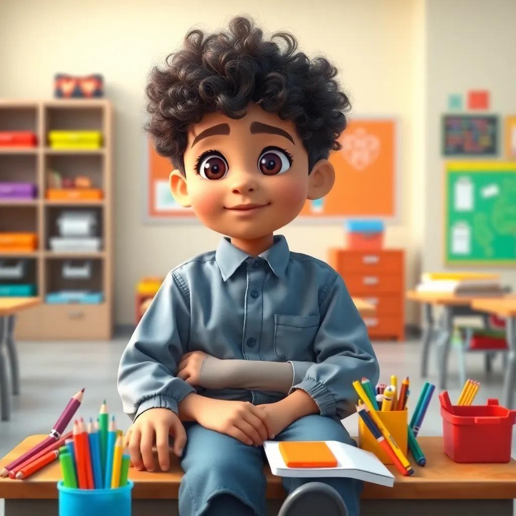 A young Arab boy, Ahmad, with curly hair and a thoughtful expression, sitting on a school bench surrounded by colorful school supplies, in a bright classroom, digital art, warm colors, cheerful atmosphere, high quality
