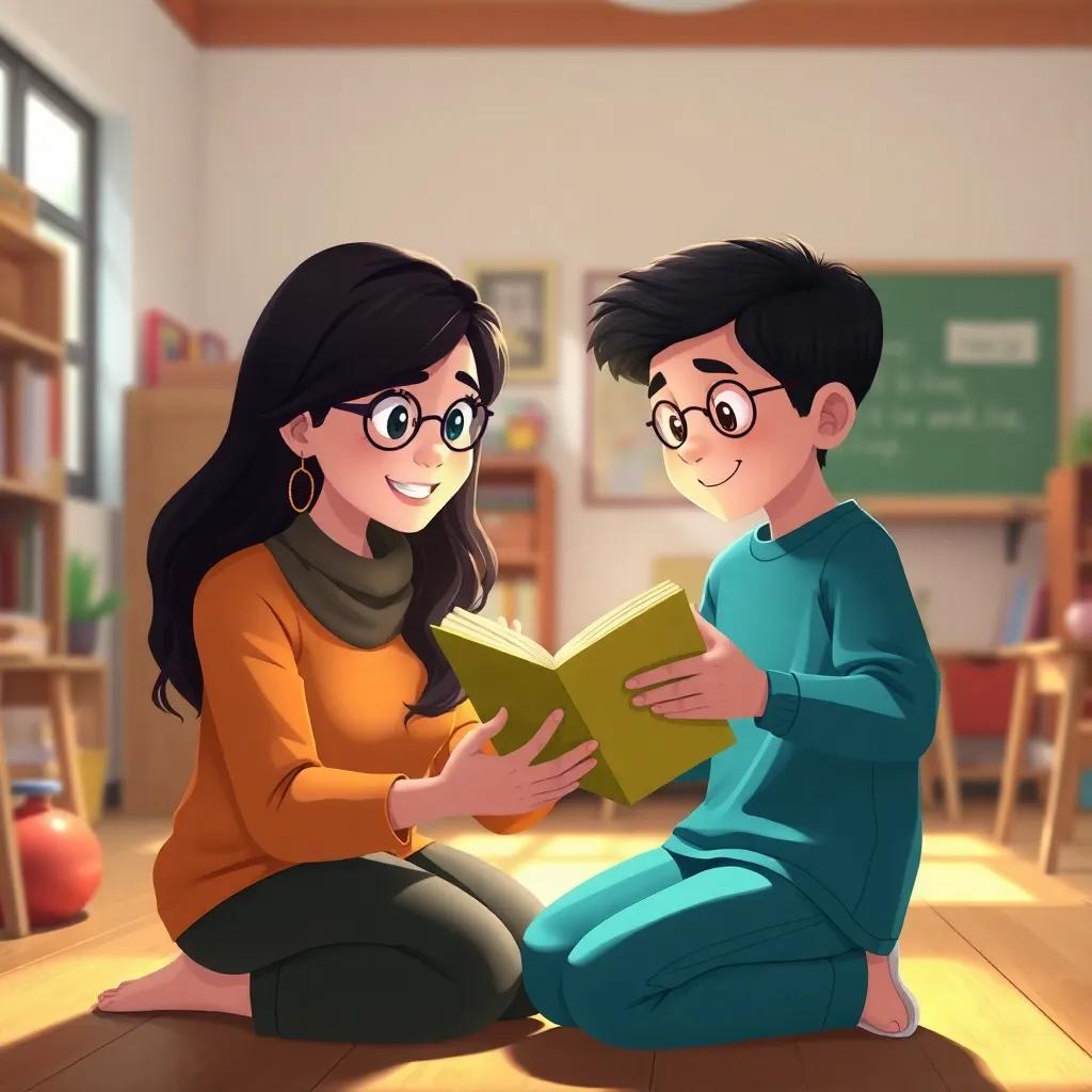 A caring female teacher, Mrs. Leila, with long dark hair and glasses, kneeling next to Ahmad, gently encouraging him while holding a book in a cozy classroom, soft light, friendly colors, inspiring perspective, high quality