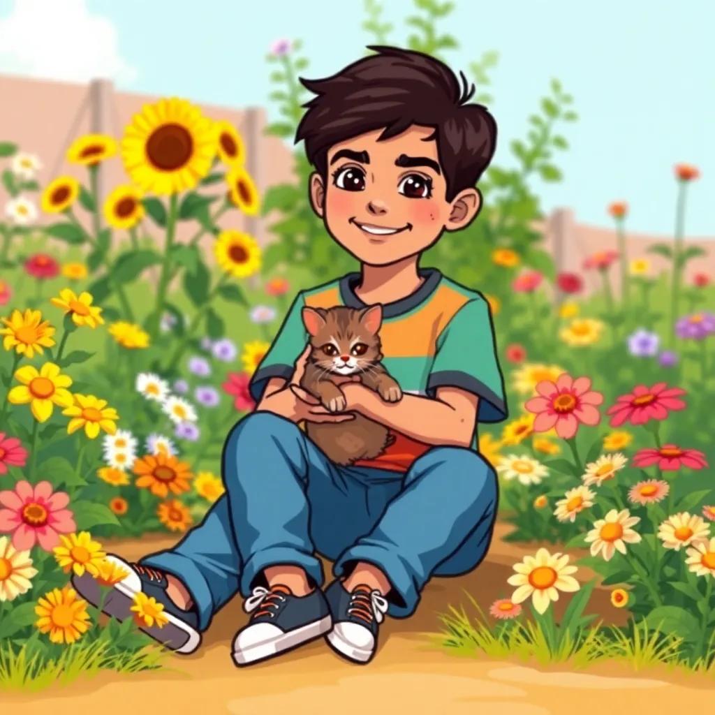 A young Arab boy, Ahmad, with short, dark hair, wearing a simple colorful t-shirt and jeans, sitting in a garden surrounded by flowers, happily holding a small cat in his arms, digital art, bright colors, cheerful atmosphere, high quality