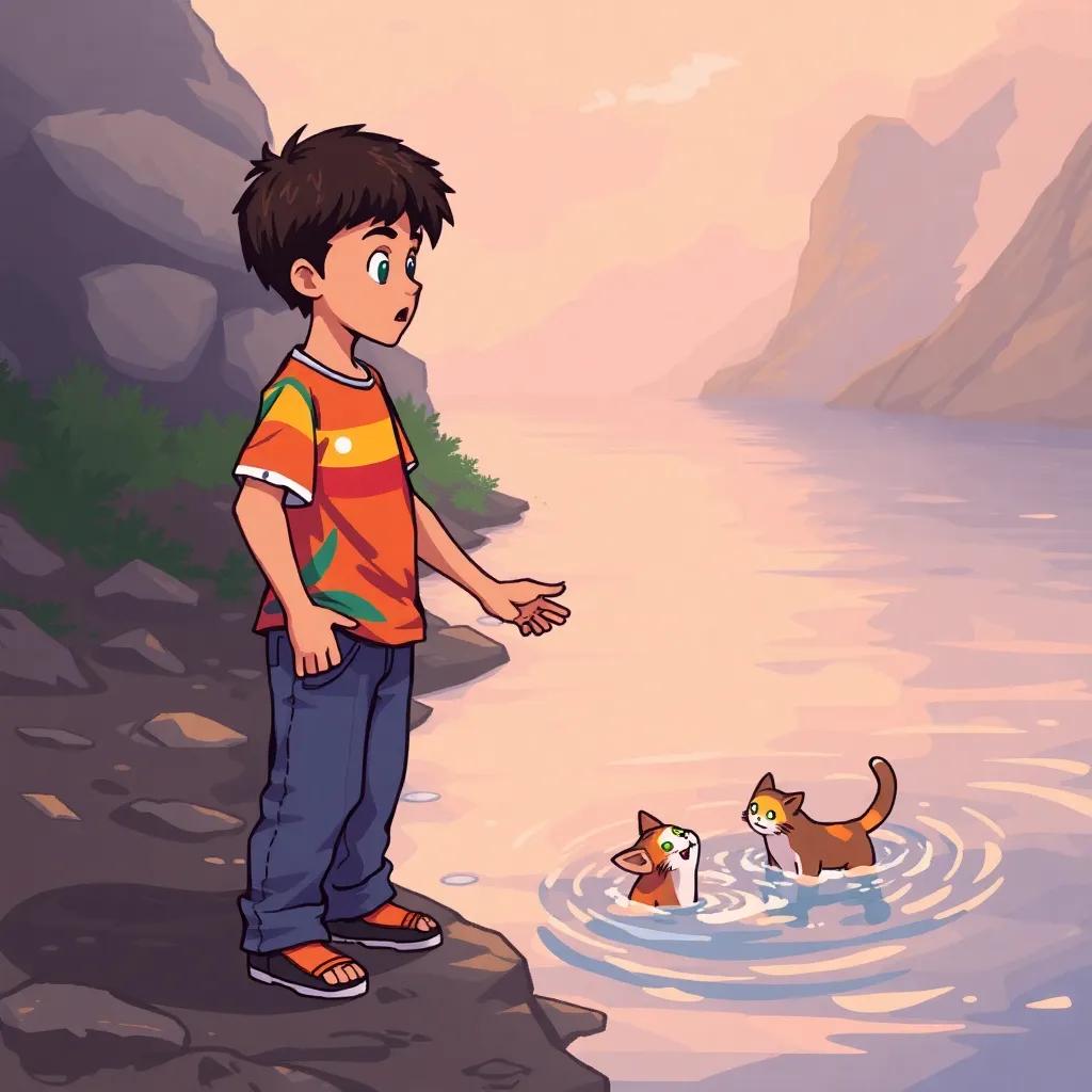 Ahmad, a young Arab boy with short, dark hair in a colorful t-shirt and jeans, standing panicked at the edge of a river, reaching out to help a small cat that is struggling in the water, emotional scene, warm light, vibrant colors, storytelling view, high quality