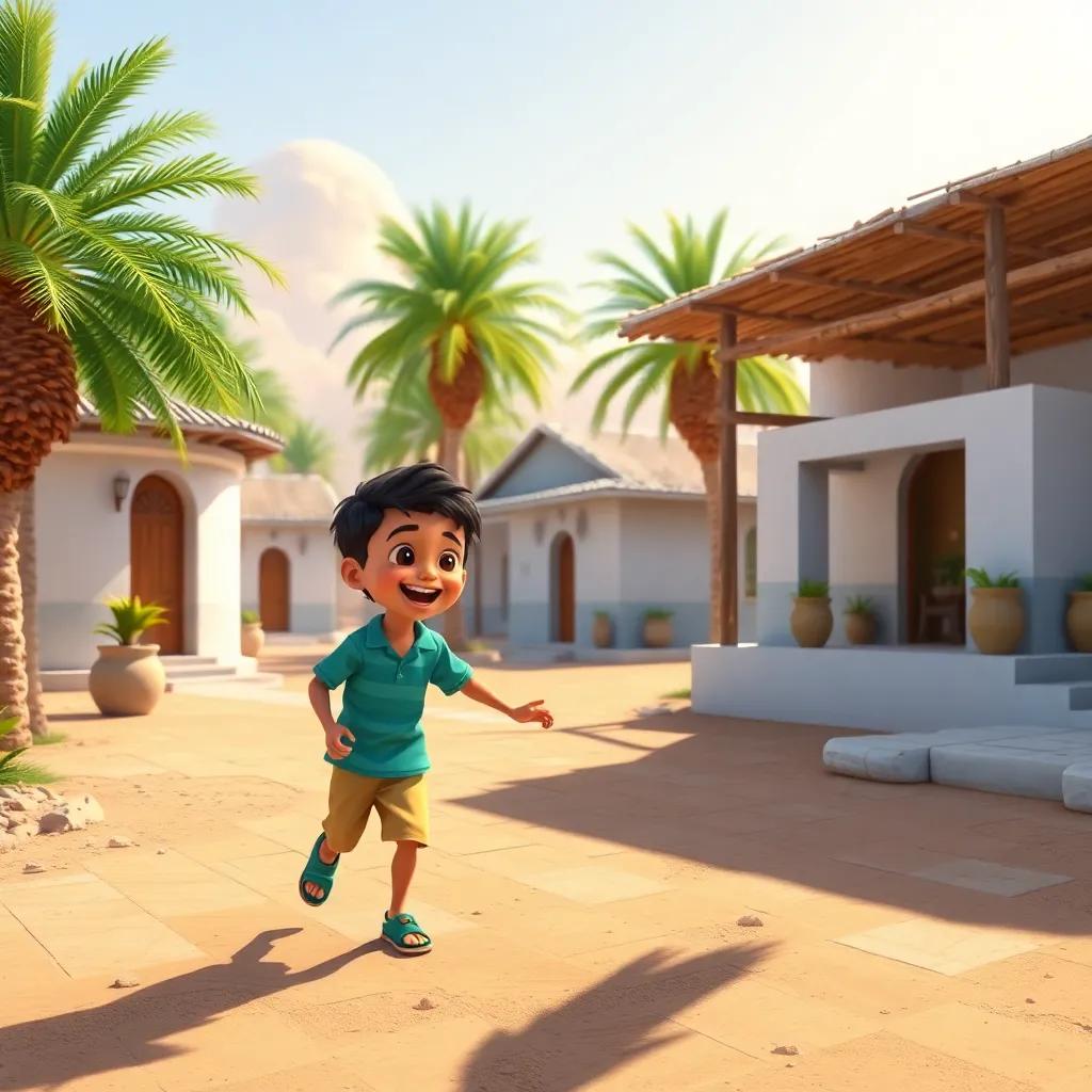 A small Kuwaiti village, with two young boys, Ahmad and Jaber, playing together under the sun, with palm trees and traditional houses in the background, bright colors, cheerful atmosphere, digital art, engaging and warm scene