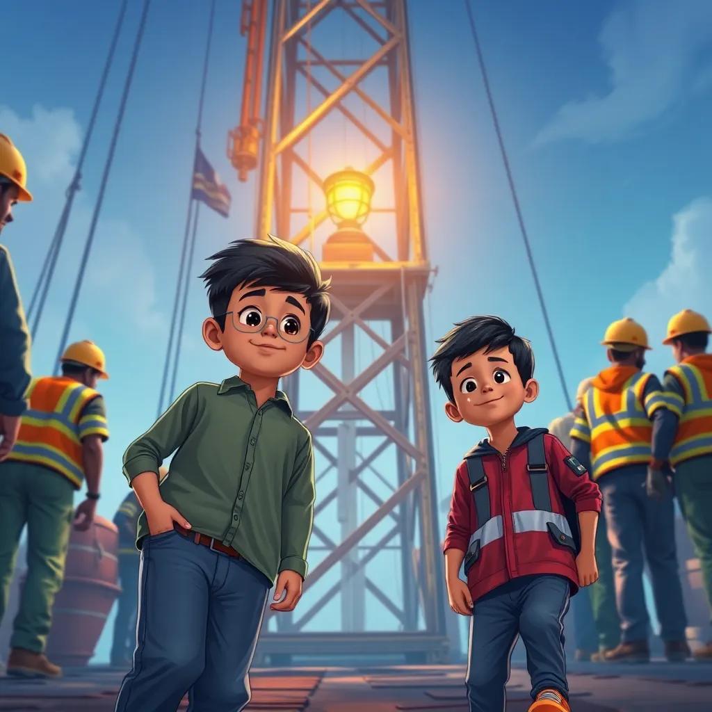 Two young boys, Ahmad and Jaber, cautiously approaching a tall metallic tower with a small glowing lamp on top, surrounded by workers in safety gear, vibrant colors, realistic depiction, bustling energy, illustration, educational and informative