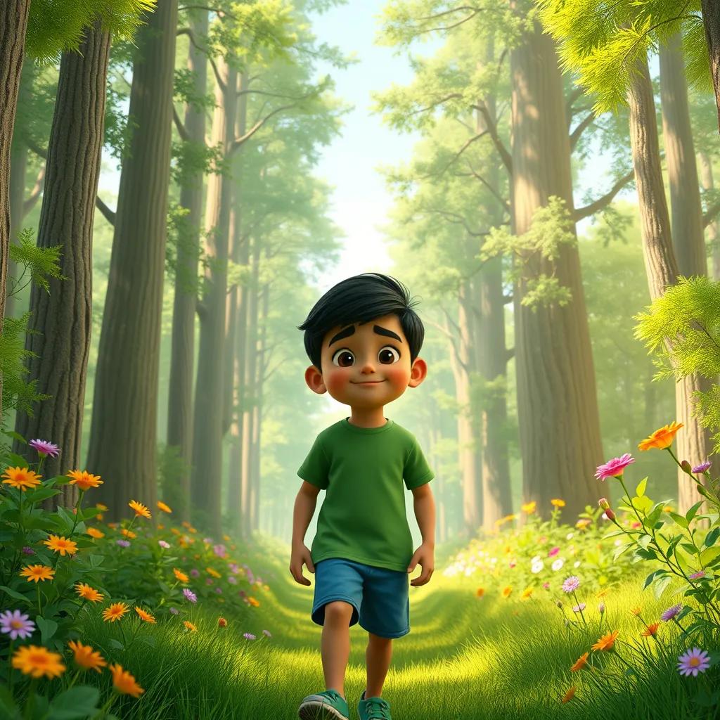 A brave boy, Ahmed, with short black hair wearing a green t-shirt and blue shorts, entering a sunny green forest with tall trees and colorful flowers, digital art, bright colors, cheerful atmosphere, high quality