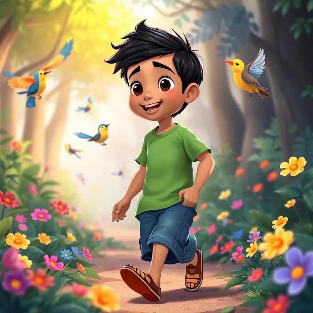 Ahmed, a brave boy with short black hair in a green t-shirt and blue shorts, walking through a forest, surrounded by singing birds and colorful flowers, illustration, vibrant, friendly, storybook style