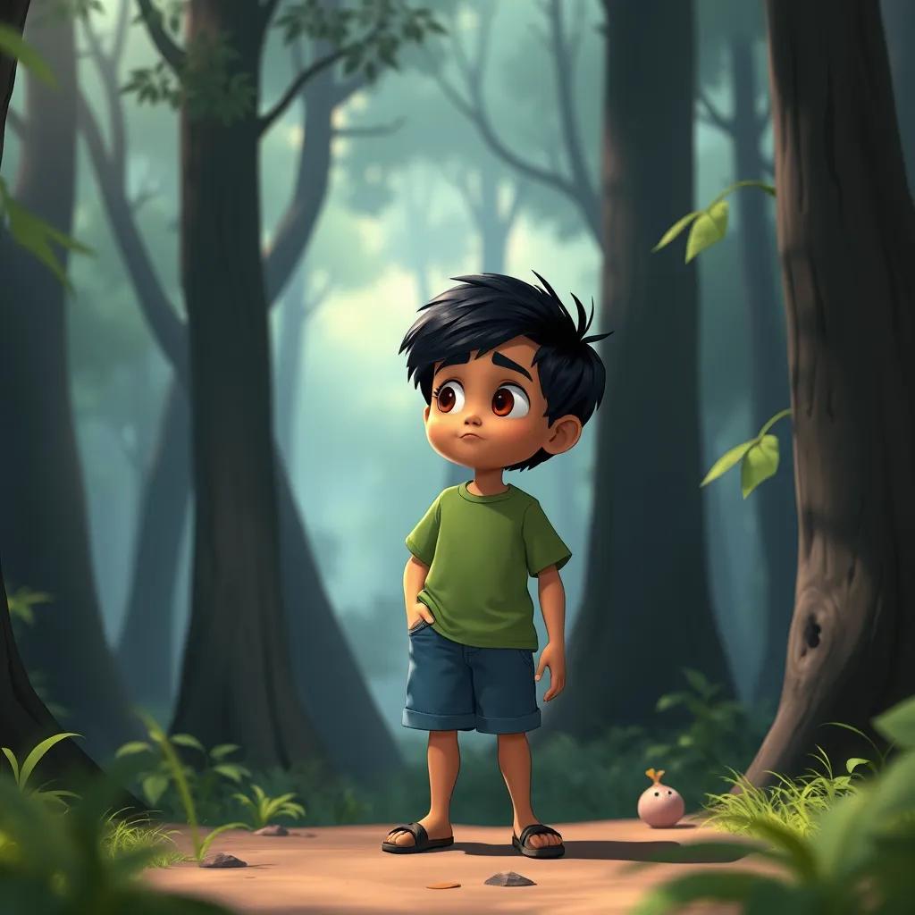 Ahmed, a brave boy with short black hair in a green t-shirt and blue shorts, stopping to listen intently to a strange sound in the forest, curious expression, surrounding trees, detailed, cartoon style
