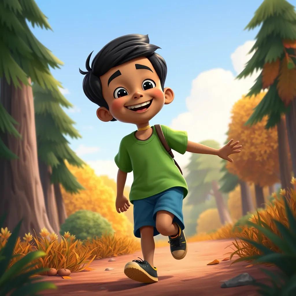 Ahmed, a brave boy with short black hair in a green t-shirt and blue shorts, happily returning home from the forest with a big smile, colorful background with trees and sky, heartwarming, cheerful, high quality