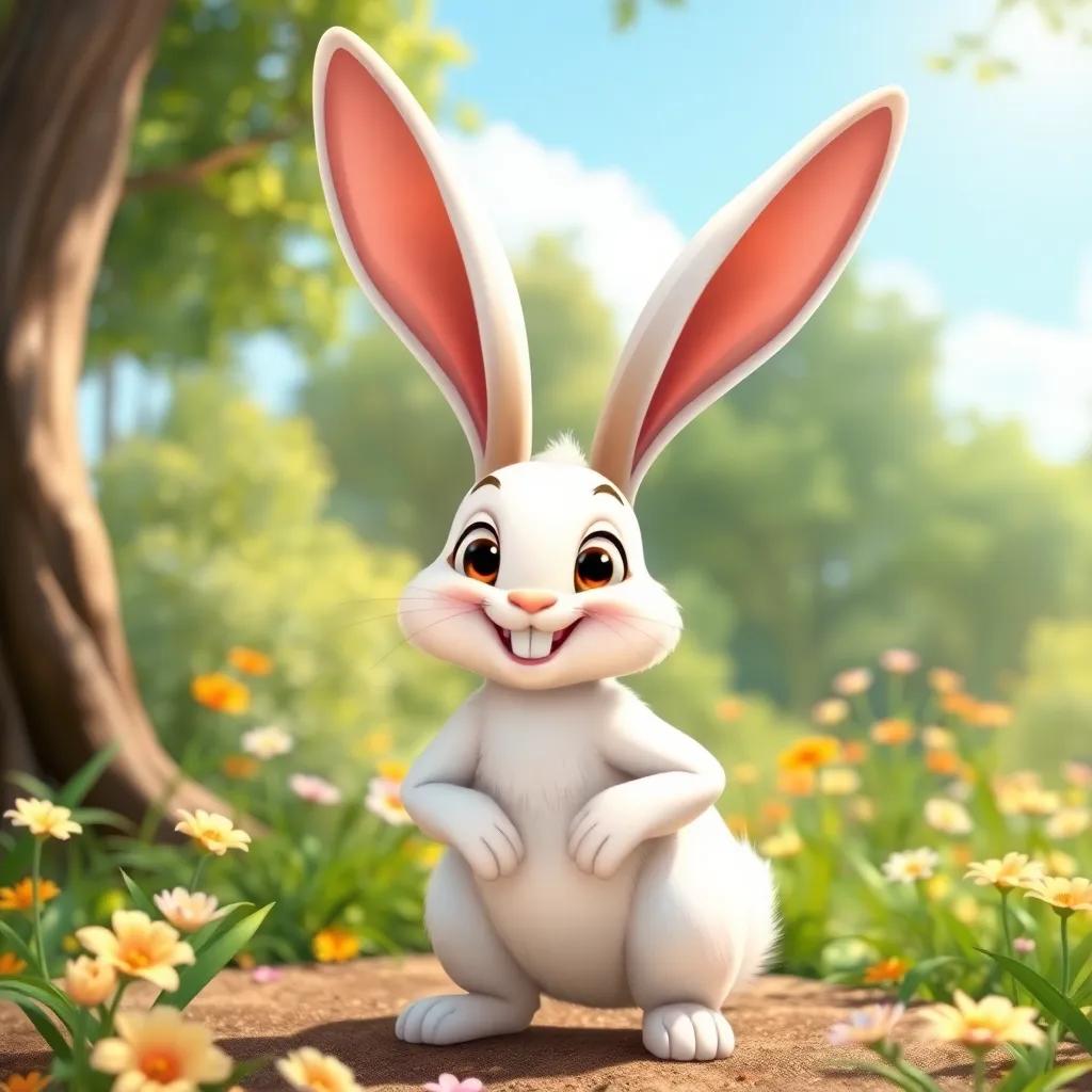 A cheerful rabbit, a young white rabbit with big ears and a playful expression, standing in a sunny forest, smiling confidently, with flowers around, vibrant colors, cartoon style, playful atmosphere, high quality
