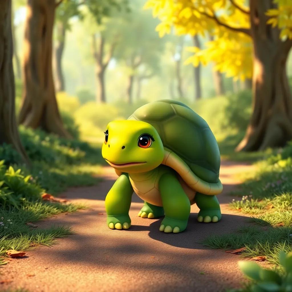 A determined tortoise, a small green tortoise with a gentle face and a steady look, slowly walking on a path in the same sunny forest, surrounded by trees and bushes, colorful, cheerful scene, child-friendly, high quality