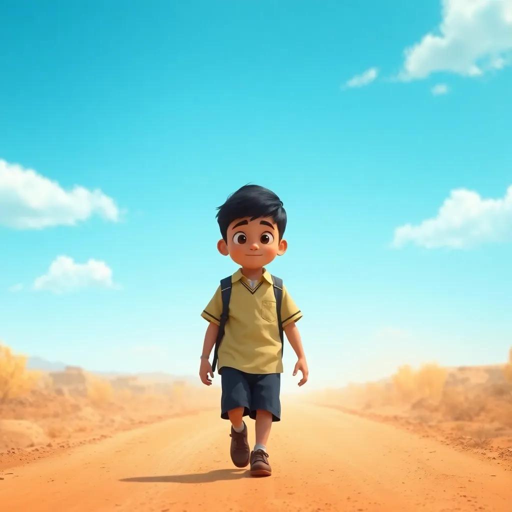 A brave Arab boy, Ali, with short black hair, wearing a school uniform, walking determinedly along a dusty road towards his school under a bright blue sky, digital art, vibrant colors, hopeful atmosphere, high quality