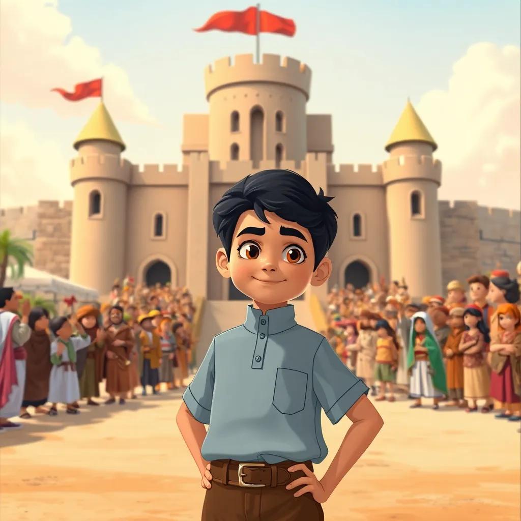 A brave Arab boy, Ali, with short black hair, wearing a school uniform, standing confidently in front of a large castle, with a gathering crowd of friends and villagers cheering him on, illustration, exciting and heroic, child-friendly