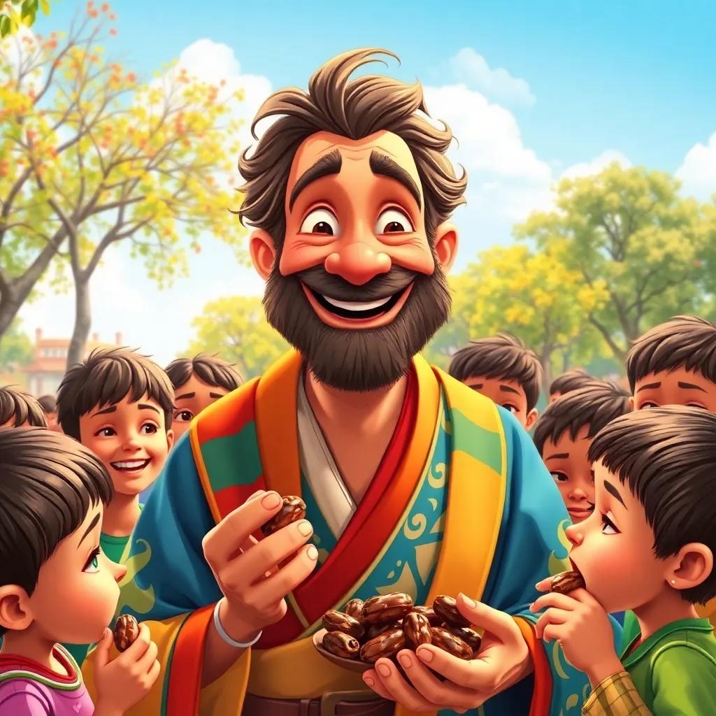 A humorous man, Ashab, with a playful smile and a colorful robe, surrounded by children in a park, eating dates and looking mischievously, sunny day, vibrant colors, joyful atmosphere, illustration