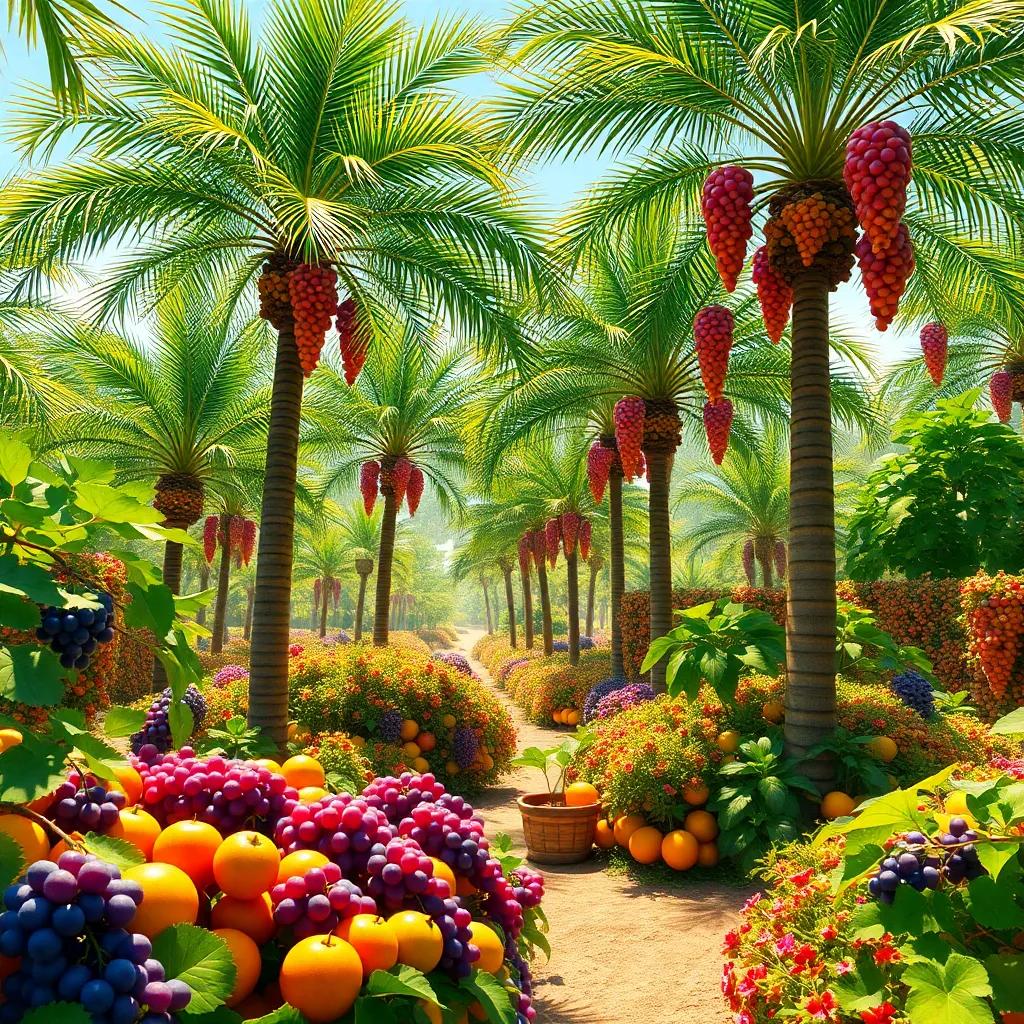 A beautiful garden filled with palm trees and grapes, bright sunlight, vibrant colors, showcasing various fruits, digital art, cheerful atmosphere, high quality