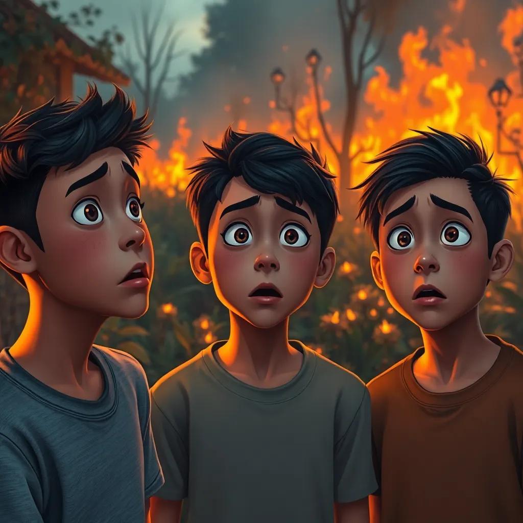Three young men looking shocked in front of their burnt garden, expressing regret, warm colors, emotional scene, digital painting, realistic details, high quality