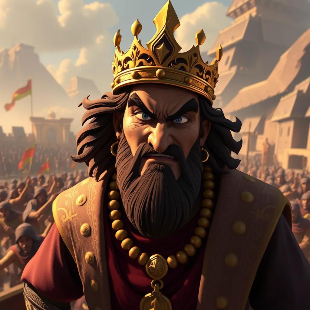 A powerful king named Abraha, a Middle-Eastern man, wearing a golden crown and royal robes, with a fierce expression, standing on a balcony looking over a large army, detailed digital art, rich colors, royal atmosphere, high quality