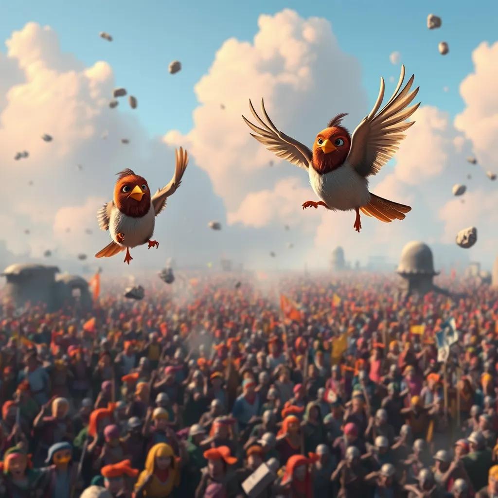 Small birds flying over the battlefield with stones in their claws, a view of a large army panicking below, colorful and magical atmosphere, digital artwork, whimsical style, high quality