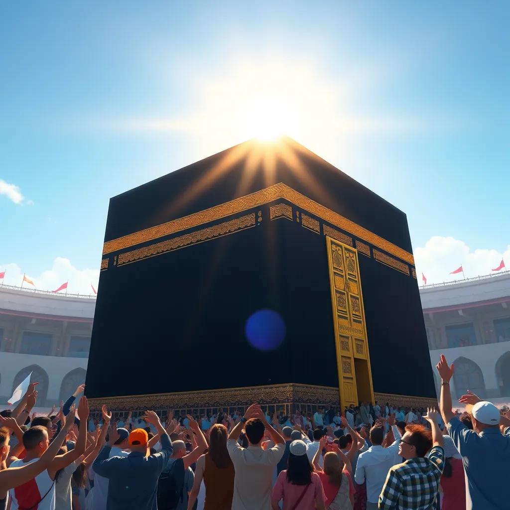 The Kaaba, a black cube-shaped building, shining under a bright light, surrounded by joyful people celebrating, with a backdrop of blue skies, beautiful digital art, warm colors, uplifting mood, high quality