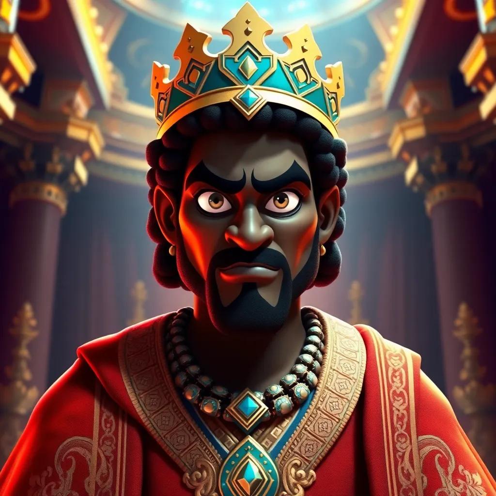 A powerful king, Abraha, with dark skin, wearing a rich, ornate robe and a golden crown, standing confidently with a fierce expression, in his royal palace, vibrant colors, dramatic lighting, majestic atmosphere, digital art, high quality
