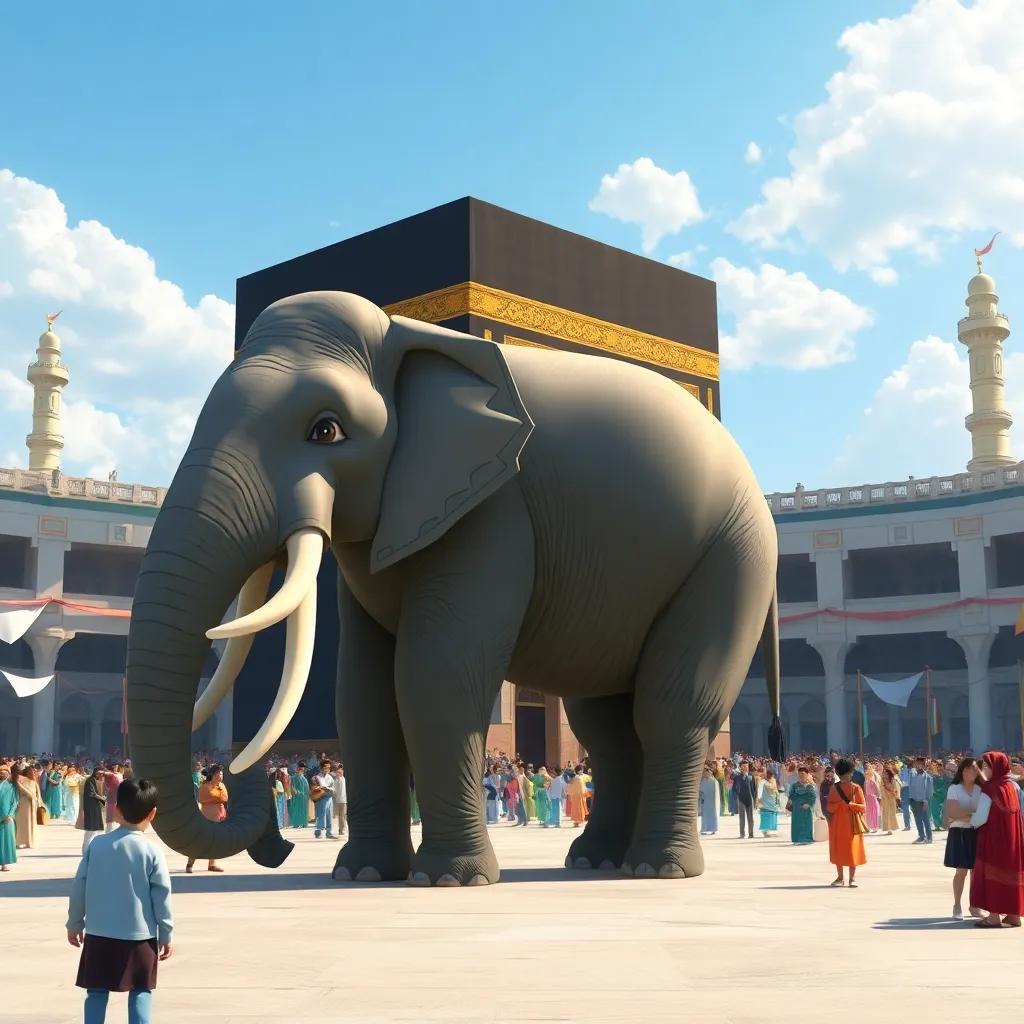 A massive gray elephant, standing still in front of the Kaaba, with the grand structure in the background, surrounded by curious people, bright daylight, detailed illustration, serene and respectful mood, child-friendly