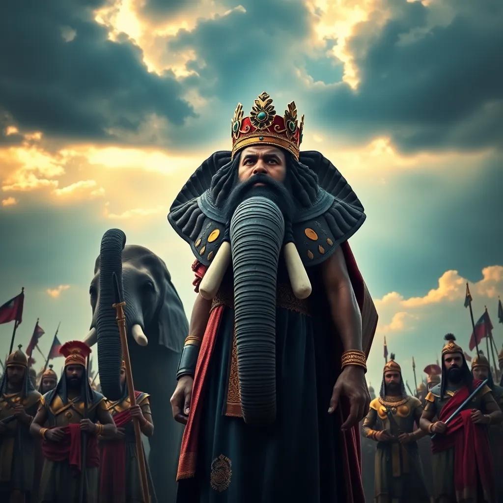A powerful king, Abraha, standing with determination and a crown, surrounded by soldiers and a large elephant named Mahmoud under a cloudy sky, epic scene, digital art, vibrant colors, dramatic lighting, high quality
