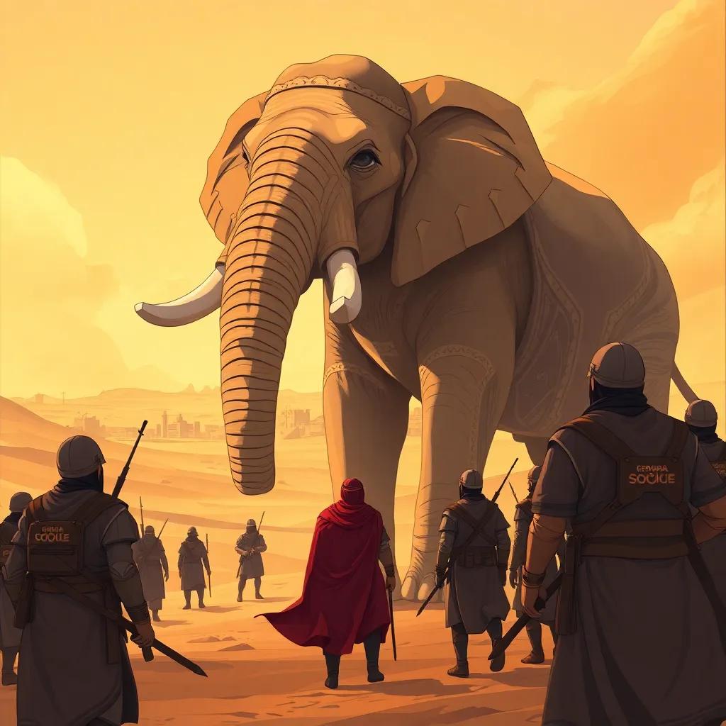 Abraha's giant elephant, Mahmoud, looking majestic with a strong stance, soldiers looking frightened, in a desert landscape with sand dunes and a distant city, illustration, warm colors, tension-filled atmosphere, high quality
