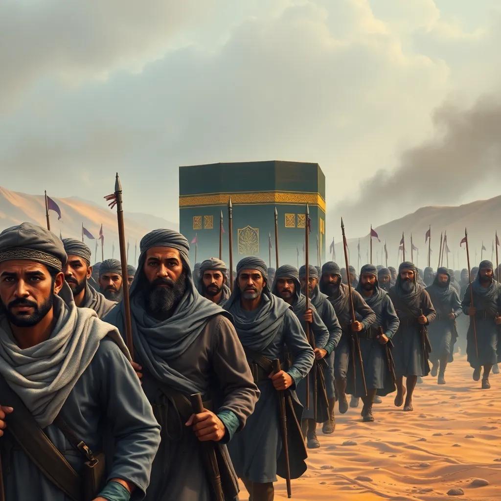 Abraha and his army marching towards Mecca, with the holy Kaaba visible in the background, intense expressions on soldiers' faces, sandy terrain, illustration, historical style, dramatic colors, high quality
